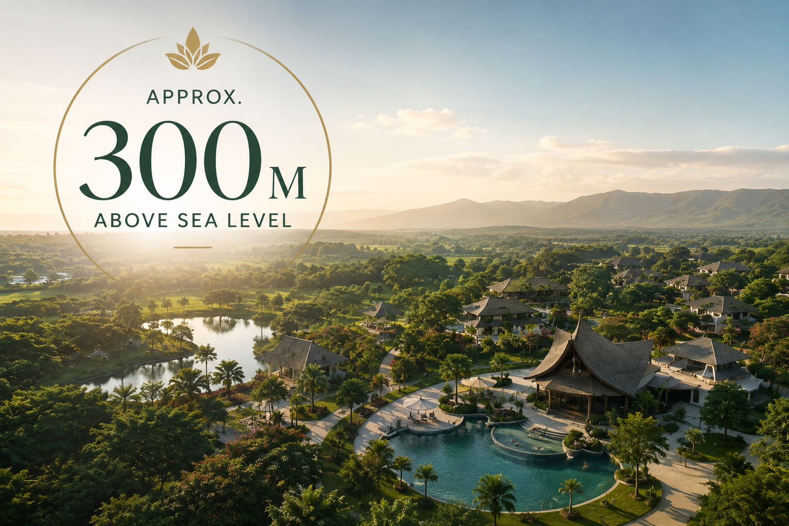 Aerial view of Poracay Resort & Residences, a Balinese design community set on elevated terrain