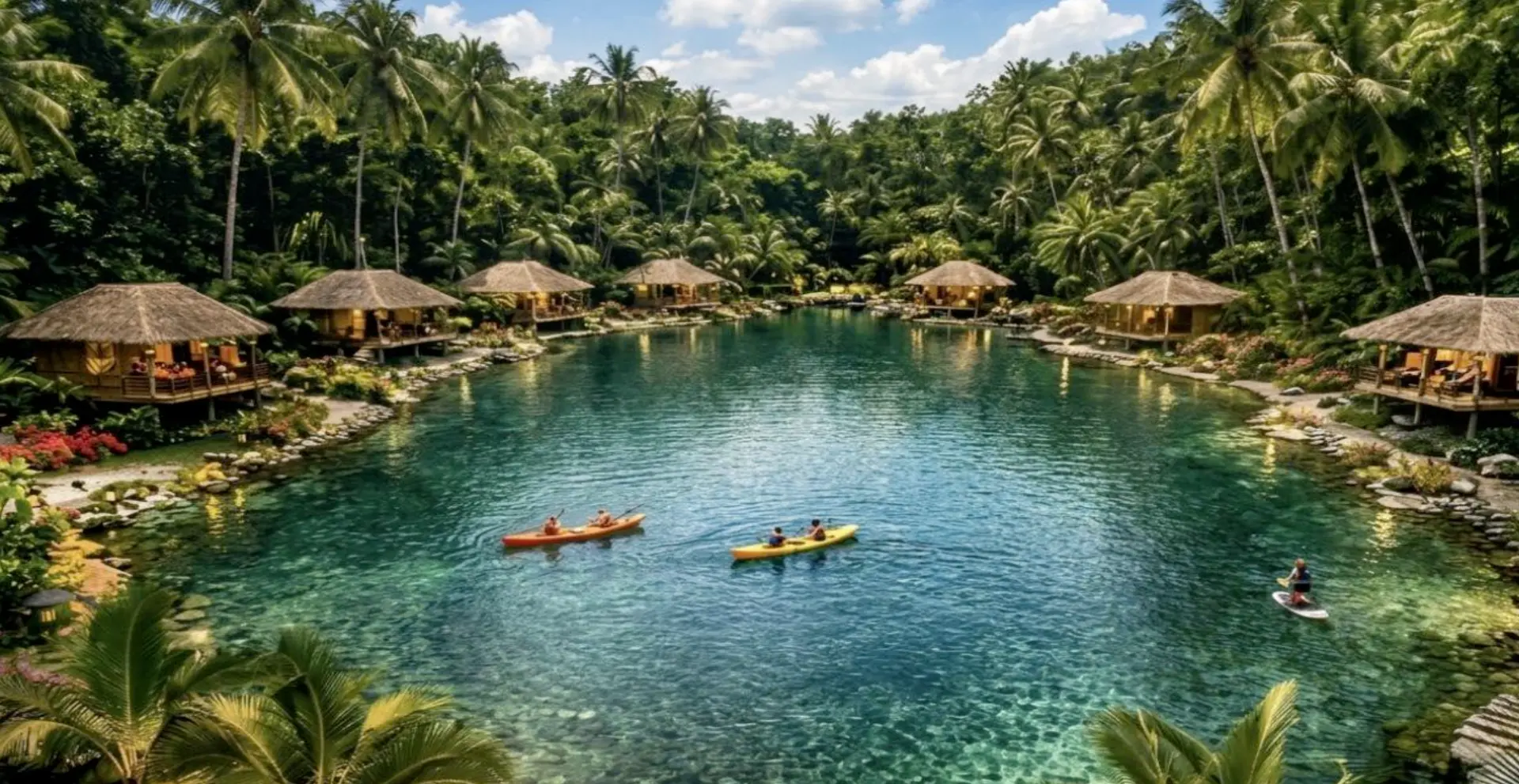 Official render of Poracay Resort — a Bali-themed resort lagoon with thatched villas