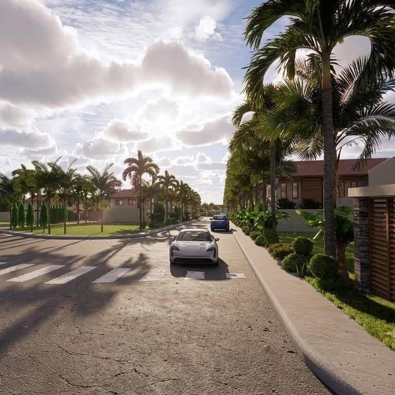 Palm-lined street within the proposed Balinese design community